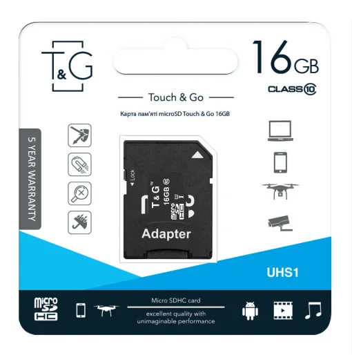 Карта памяти MicroSDHC 16GB UHS-I Class 10 T&G + SD-adapter (TG-16GBSD10U1-01)
